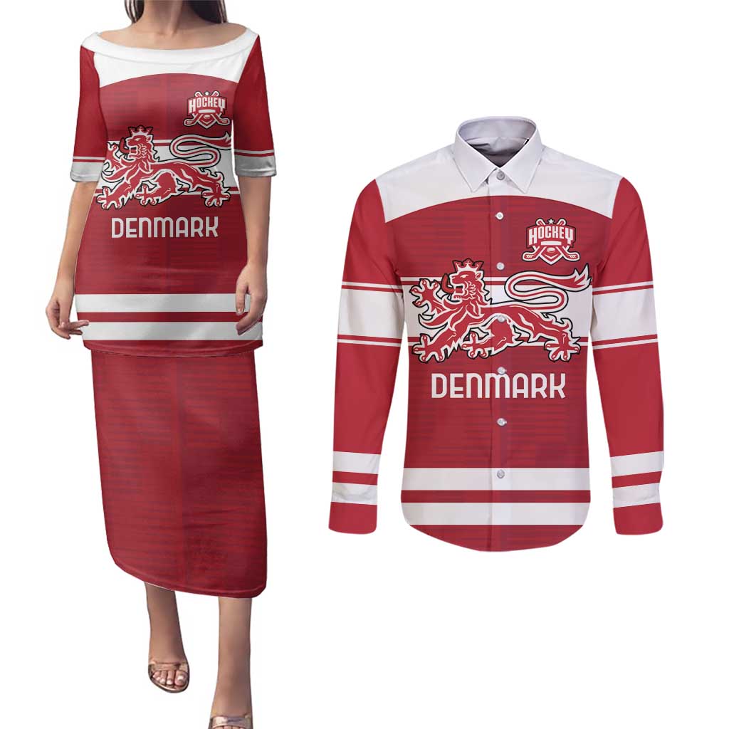 Custom Denmark Hockey Couples Matching Puletasi and Long Sleeve Button Shirt Danish Lions