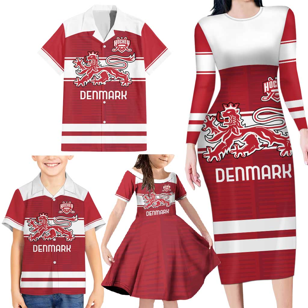 Custom Denmark Hockey Family Matching Long Sleeve Bodycon Dress and Hawaiian Shirt Danish Lions