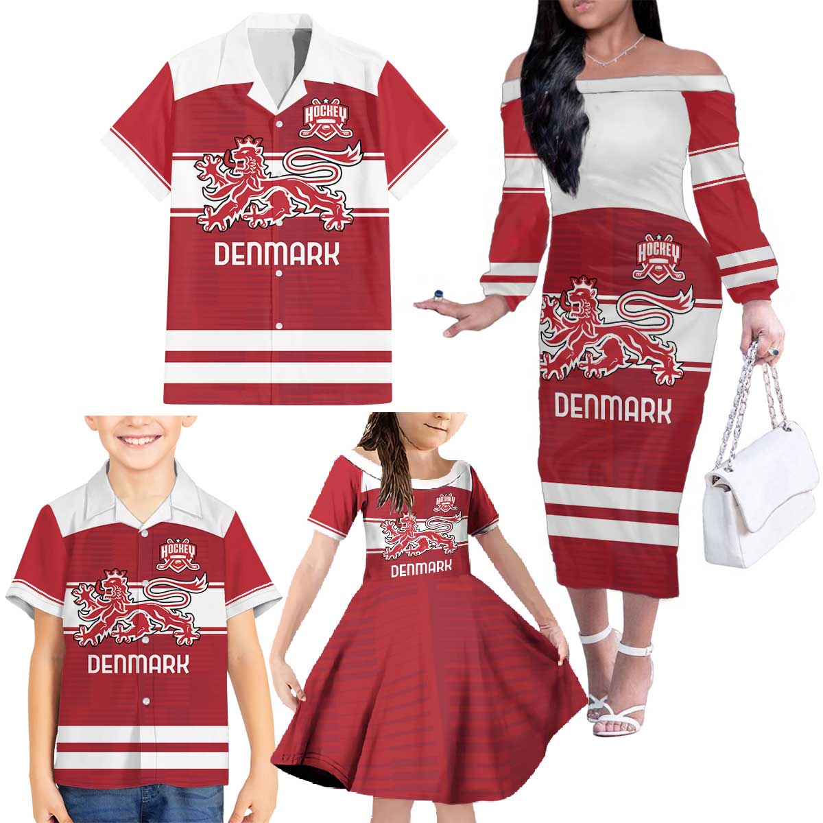 Custom Denmark Hockey Family Matching Off The Shoulder Long Sleeve Dress and Hawaiian Shirt Danish Lions