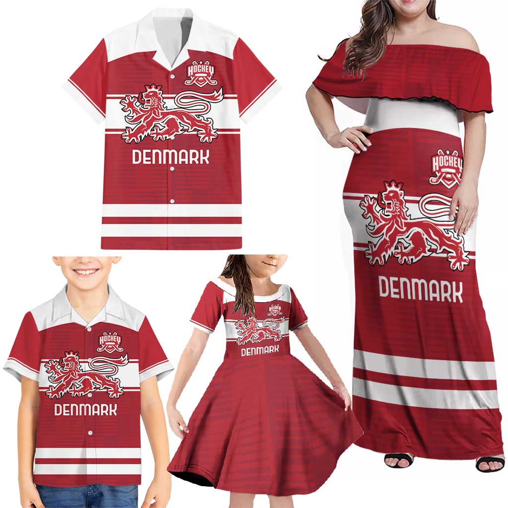 Custom Denmark Hockey Family Matching Off Shoulder Maxi Dress and Hawaiian Shirt Danish Lions
