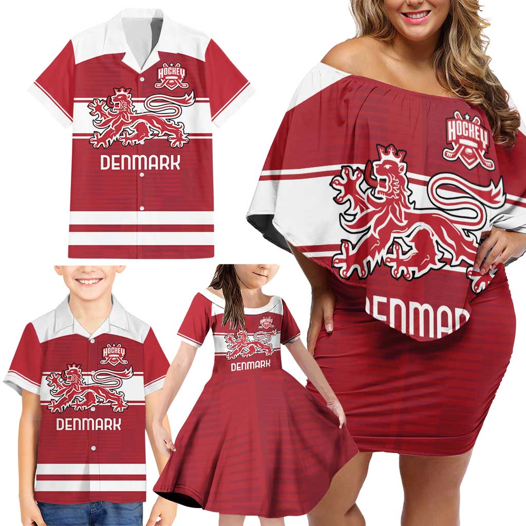 Custom Denmark Hockey Family Matching Off Shoulder Short Dress and Hawaiian Shirt Danish Lions