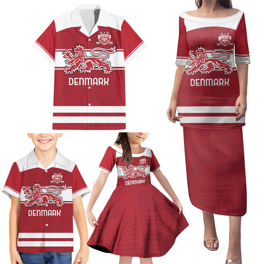 Custom Denmark Hockey Family Matching Puletasi and Hawaiian Shirt Danish Lions