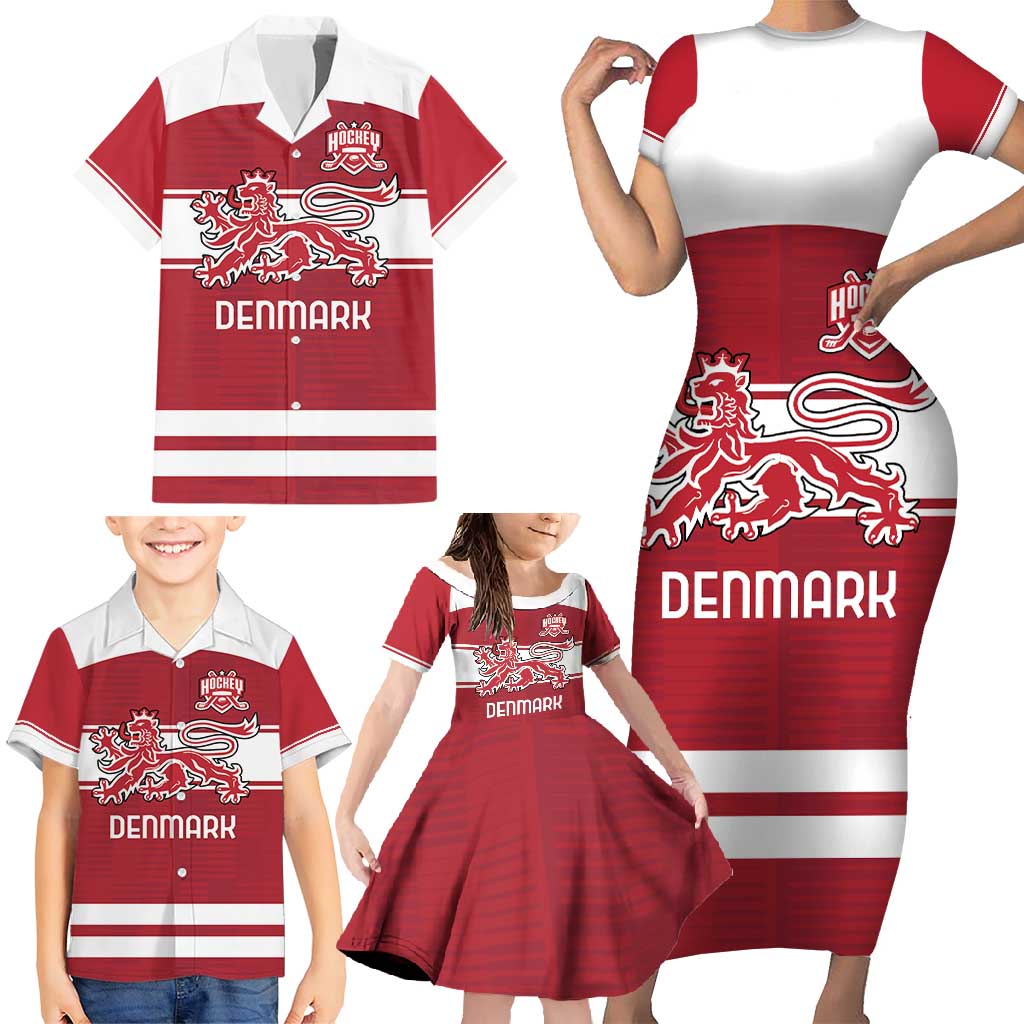 Custom Denmark Hockey Family Matching Short Sleeve Bodycon Dress and Hawaiian Shirt Danish Lions