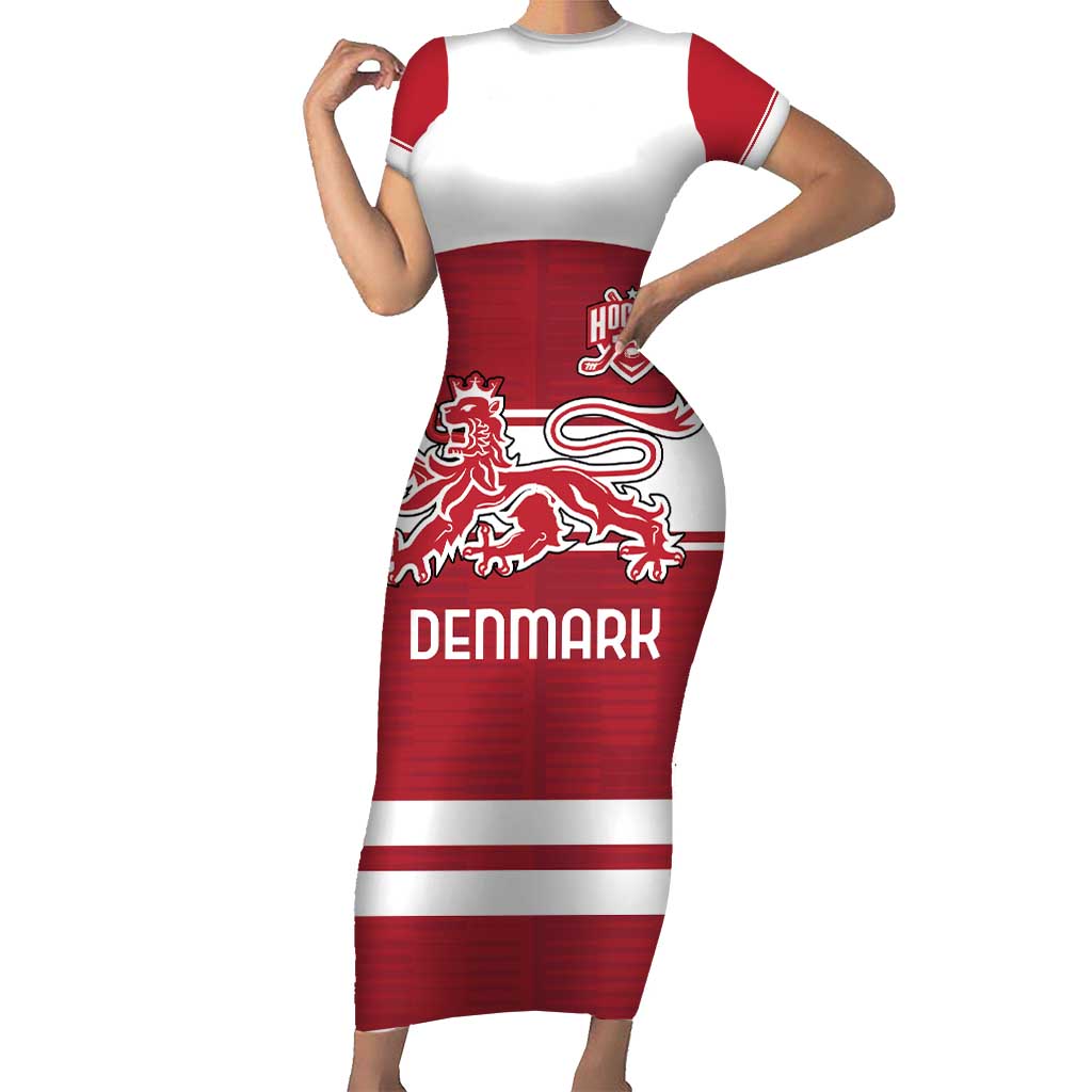 Custom Denmark Hockey Family Matching Short Sleeve Bodycon Dress and Hawaiian Shirt Danish Lions