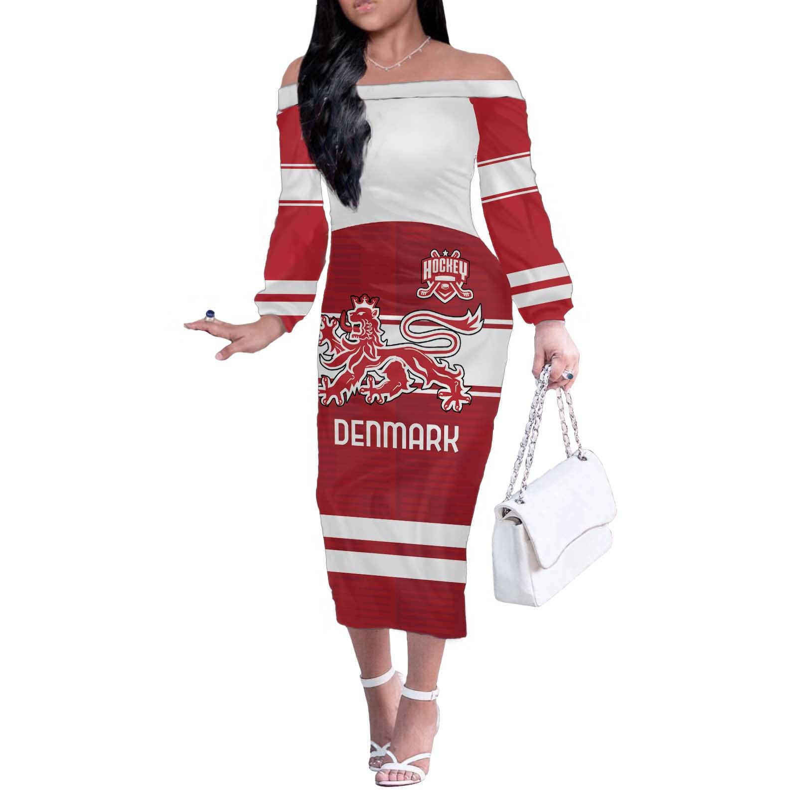 Custom Denmark Hockey Off The Shoulder Long Sleeve Dress Danish Lions