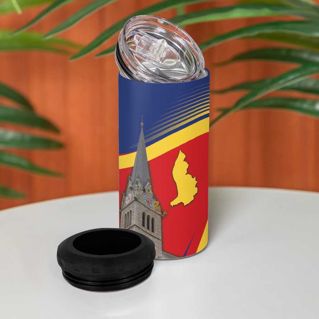 Liechtenstein National Day 1866 4 in 1 Can Cooler Tumbler Gold Crown Vaduz Cathedral