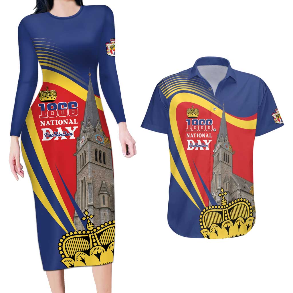 Liechtenstein National Day 1866 Couples Matching Long Sleeve Bodycon Dress and Hawaiian Shirt Gold Crown Vaduz Cathedral