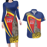 Liechtenstein National Day 1866 Couples Matching Long Sleeve Bodycon Dress and Hawaiian Shirt Gold Crown Vaduz Cathedral
