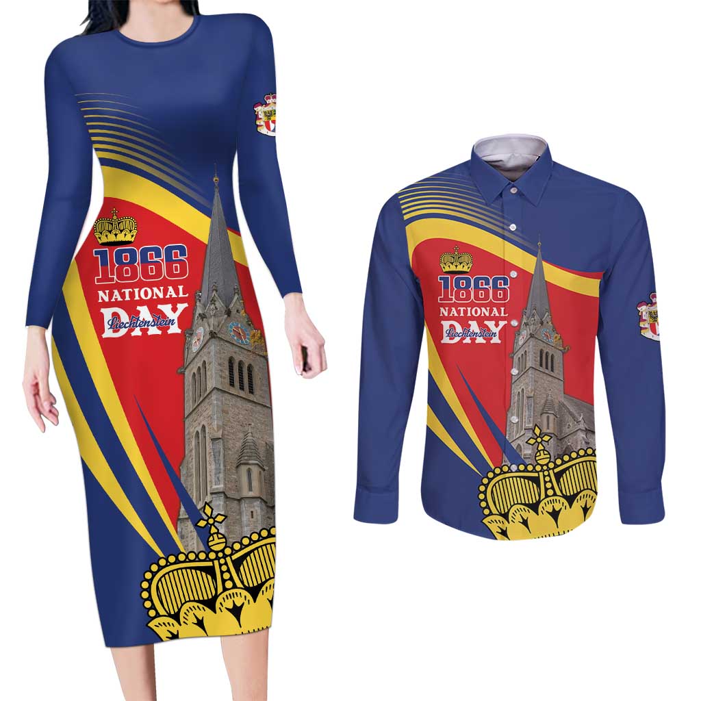 Liechtenstein National Day 1866 Couples Matching Long Sleeve Bodycon Dress and Long Sleeve Button Shirt Gold Crown Vaduz Cathedral