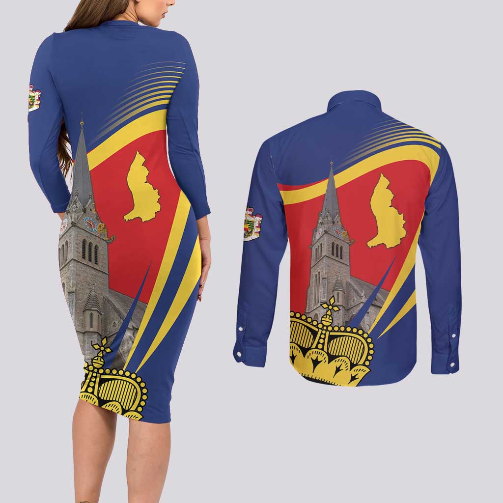 Liechtenstein National Day 1866 Couples Matching Long Sleeve Bodycon Dress and Long Sleeve Button Shirt Gold Crown Vaduz Cathedral