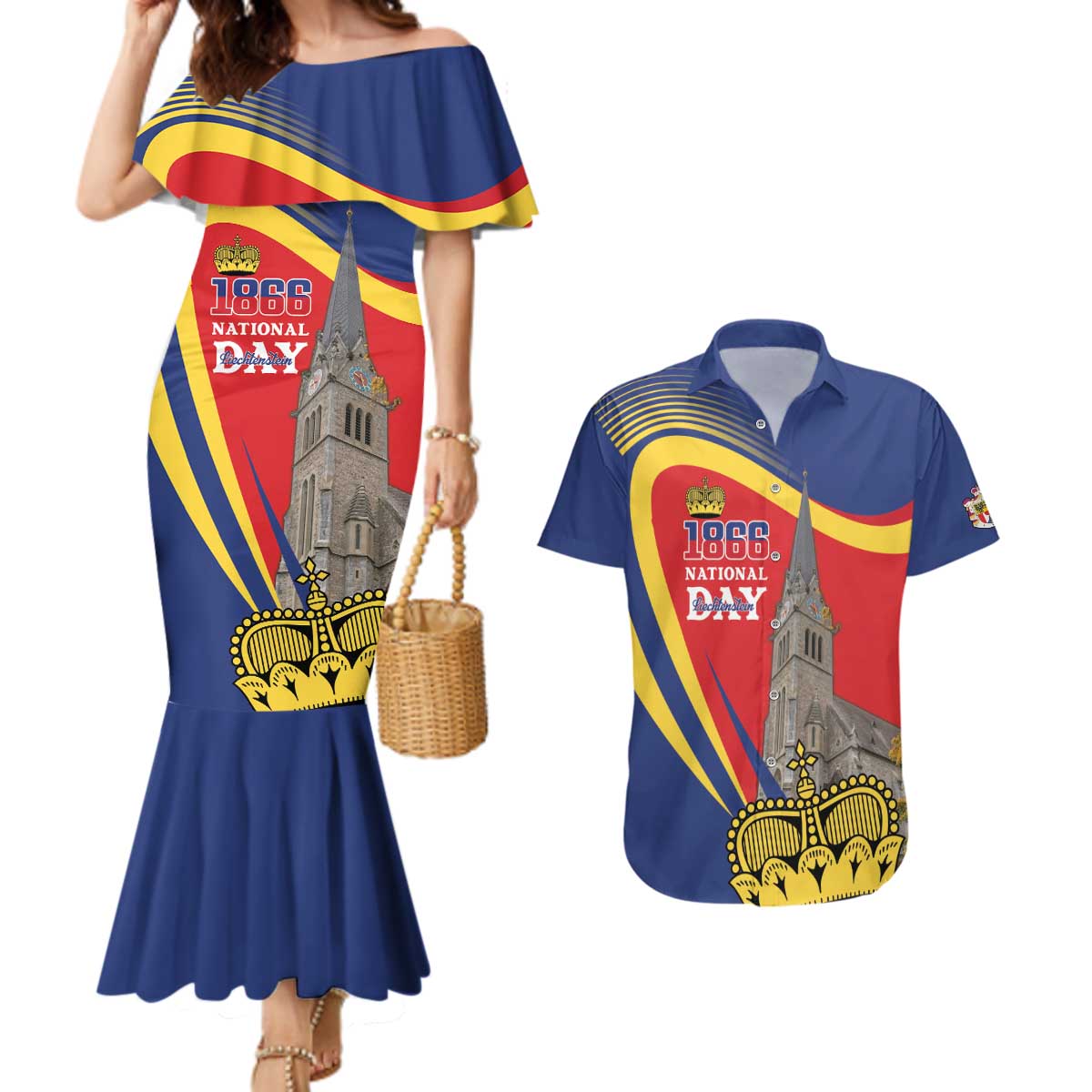 Liechtenstein National Day 1866 Couples Matching Mermaid Dress and Hawaiian Shirt Gold Crown Vaduz Cathedral
