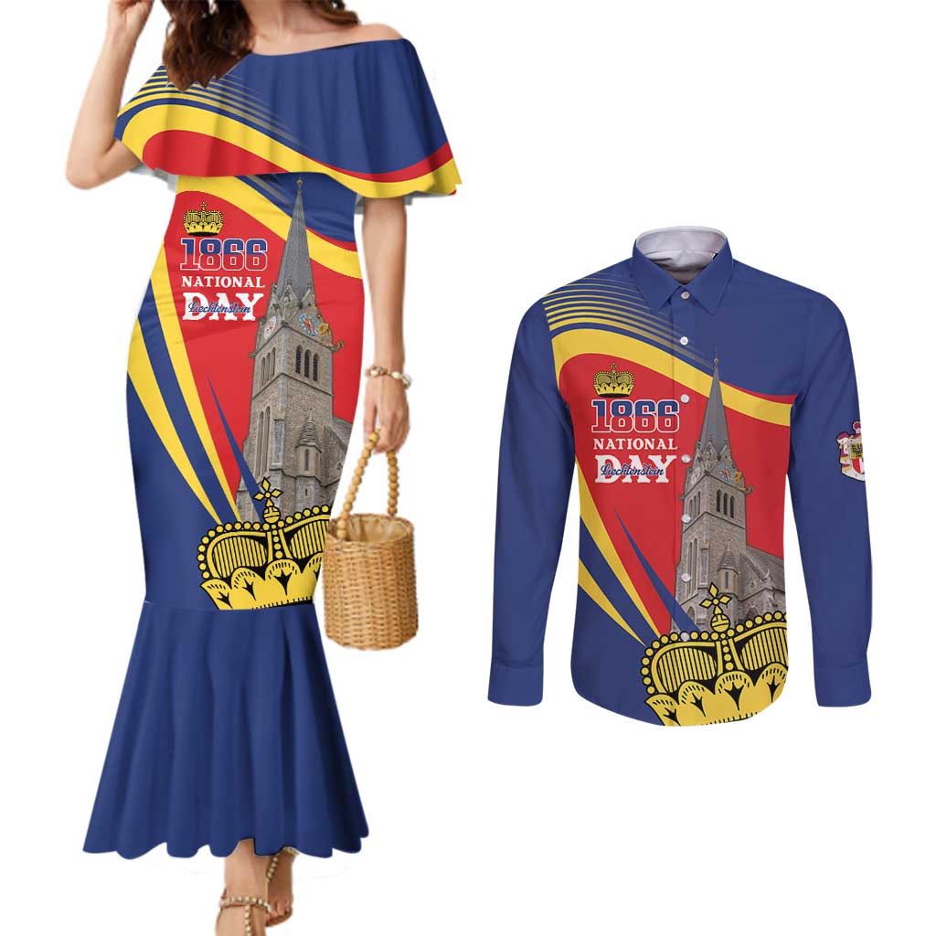 Liechtenstein National Day 1866 Couples Matching Mermaid Dress and Long Sleeve Button Shirt Gold Crown Vaduz Cathedral