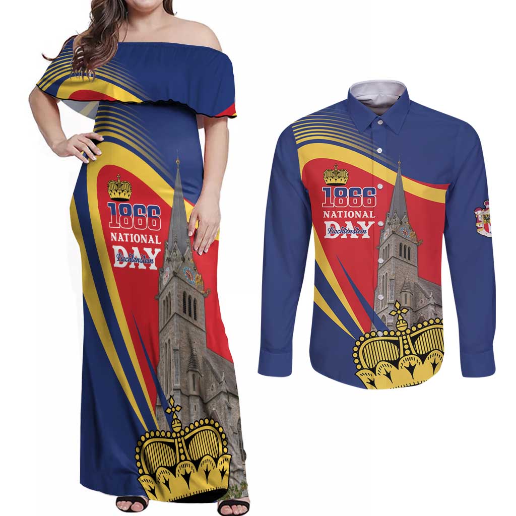 Liechtenstein National Day 1866 Couples Matching Off Shoulder Maxi Dress and Long Sleeve Button Shirt Gold Crown Vaduz Cathedral