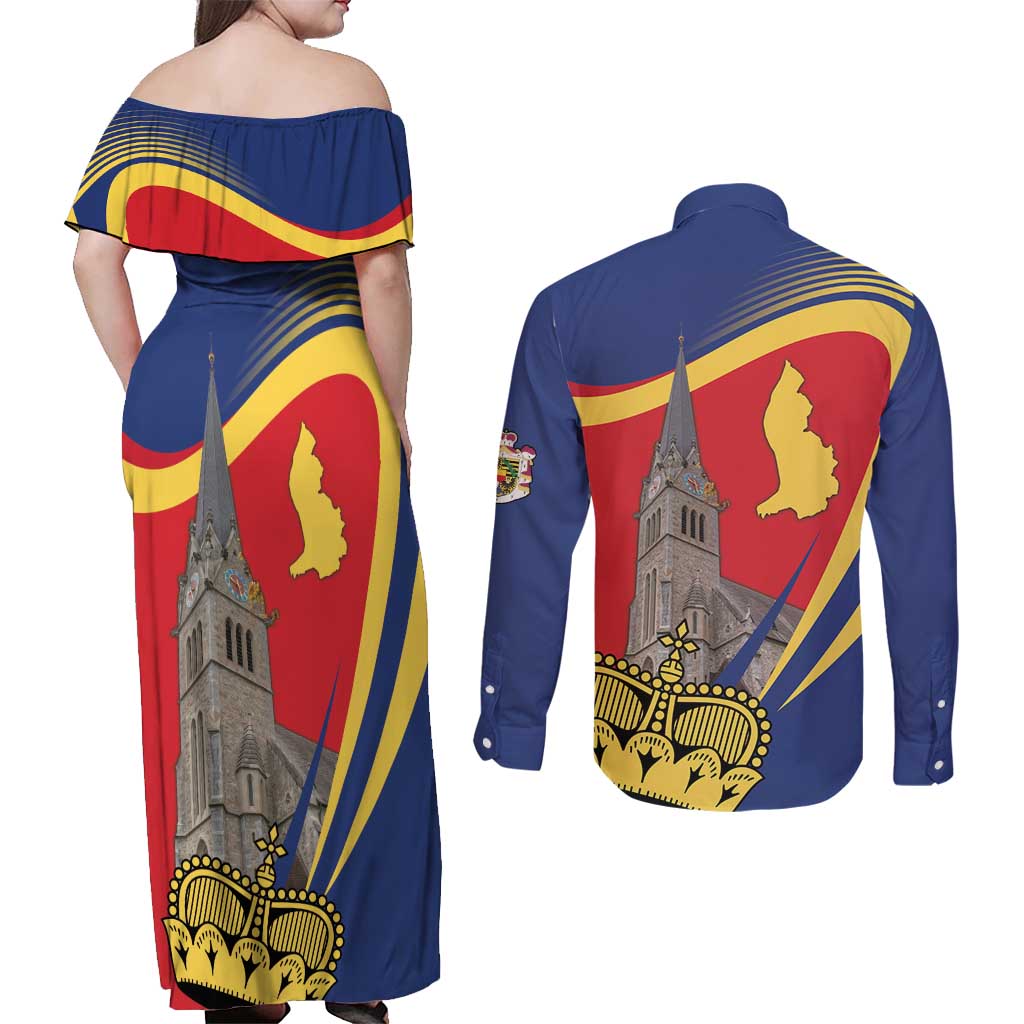 Liechtenstein National Day 1866 Couples Matching Off Shoulder Maxi Dress and Long Sleeve Button Shirt Gold Crown Vaduz Cathedral