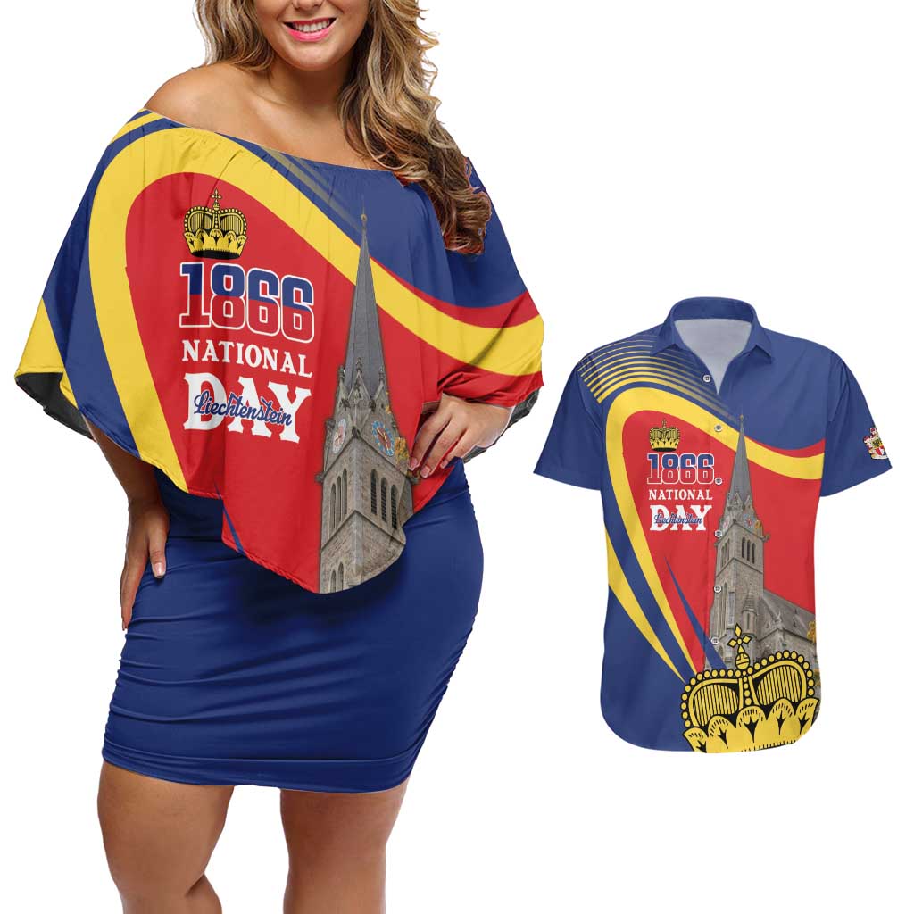 Liechtenstein National Day 1866 Couples Matching Off Shoulder Short Dress and Hawaiian Shirt Gold Crown Vaduz Cathedral