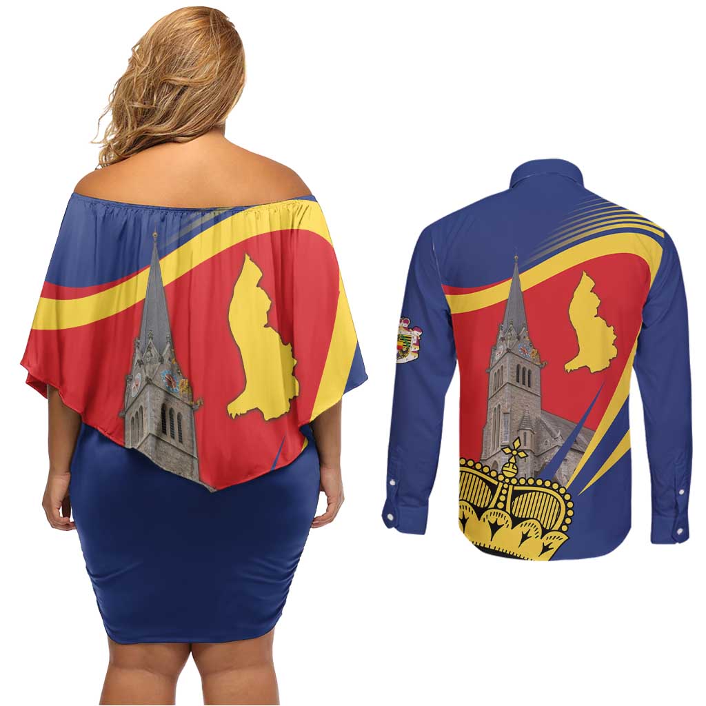 Liechtenstein National Day 1866 Couples Matching Off Shoulder Short Dress and Long Sleeve Button Shirt Gold Crown Vaduz Cathedral