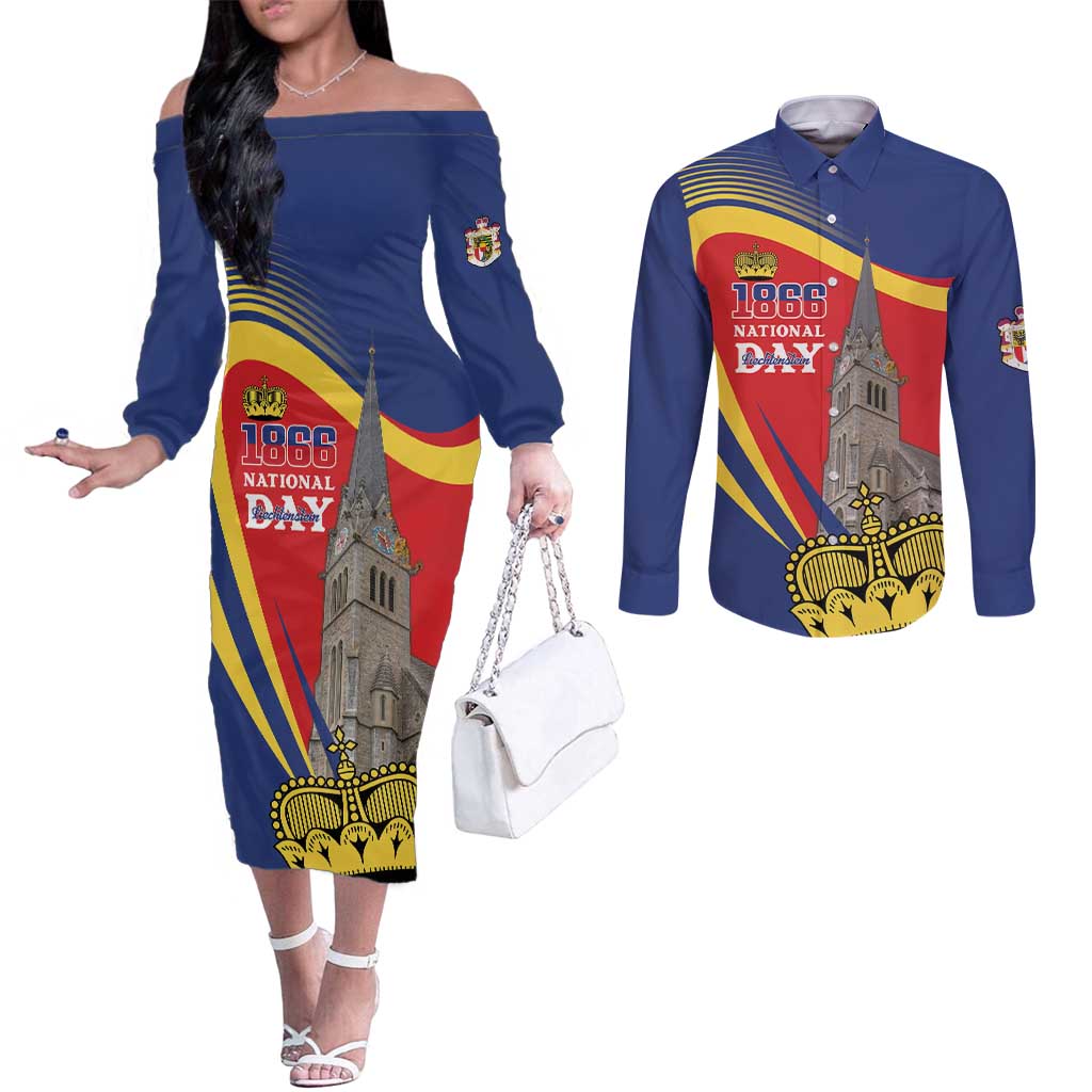 Liechtenstein National Day 1866 Couples Matching Off The Shoulder Long Sleeve Dress and Long Sleeve Button Shirt Gold Crown Vaduz Cathedral