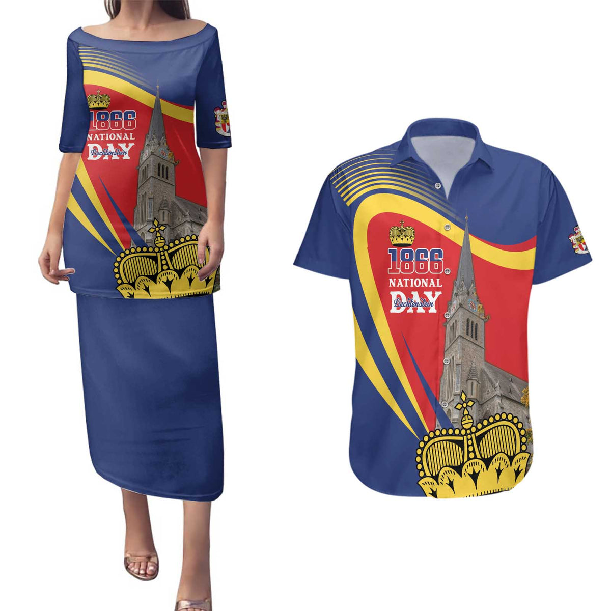 Liechtenstein National Day 1866 Couples Matching Puletasi and Hawaiian Shirt Gold Crown Vaduz Cathedral