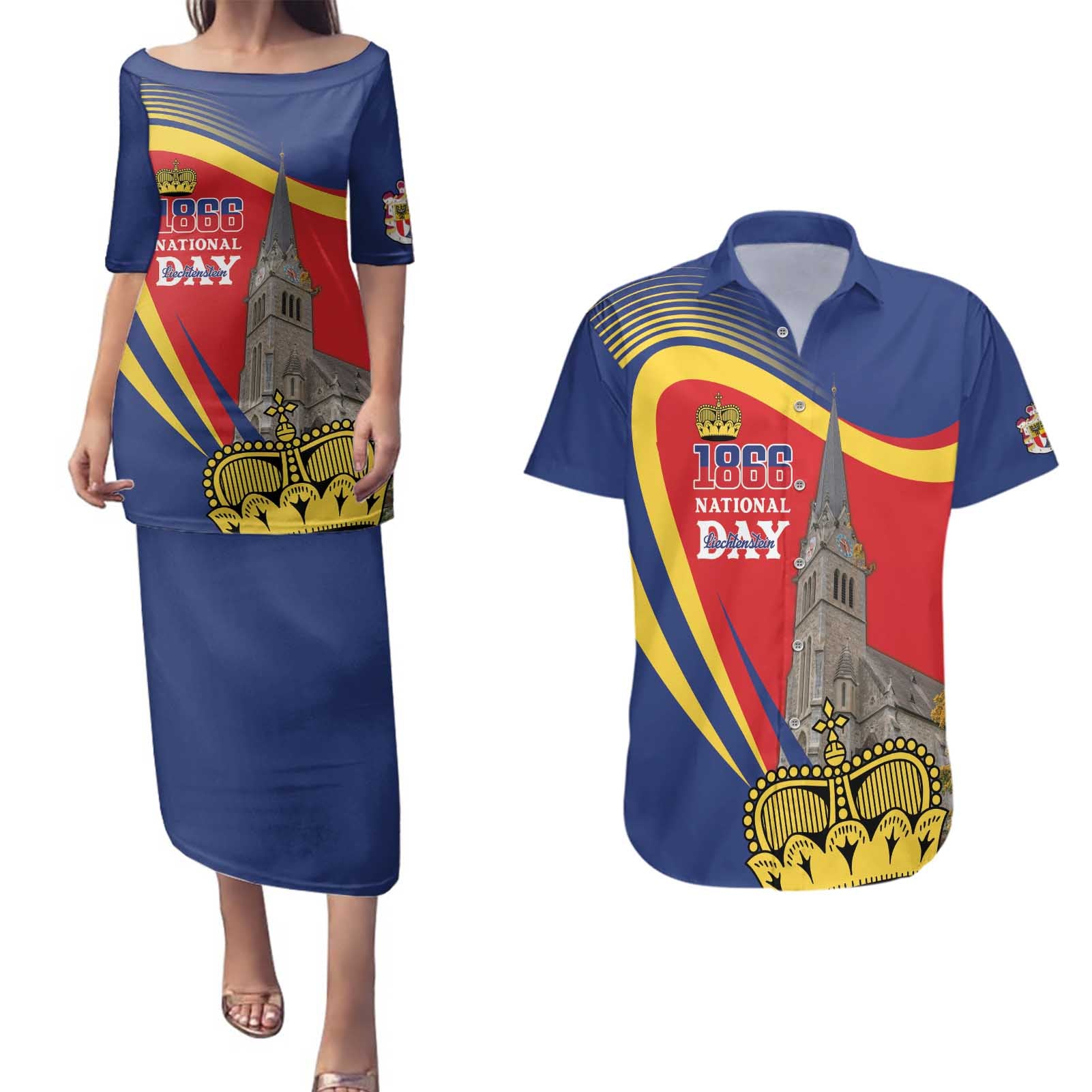 Liechtenstein National Day 1866 Couples Matching Puletasi and Hawaiian Shirt Gold Crown Vaduz Cathedral