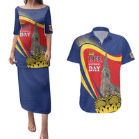 Liechtenstein National Day 1866 Couples Matching Puletasi and Hawaiian Shirt Gold Crown Vaduz Cathedral