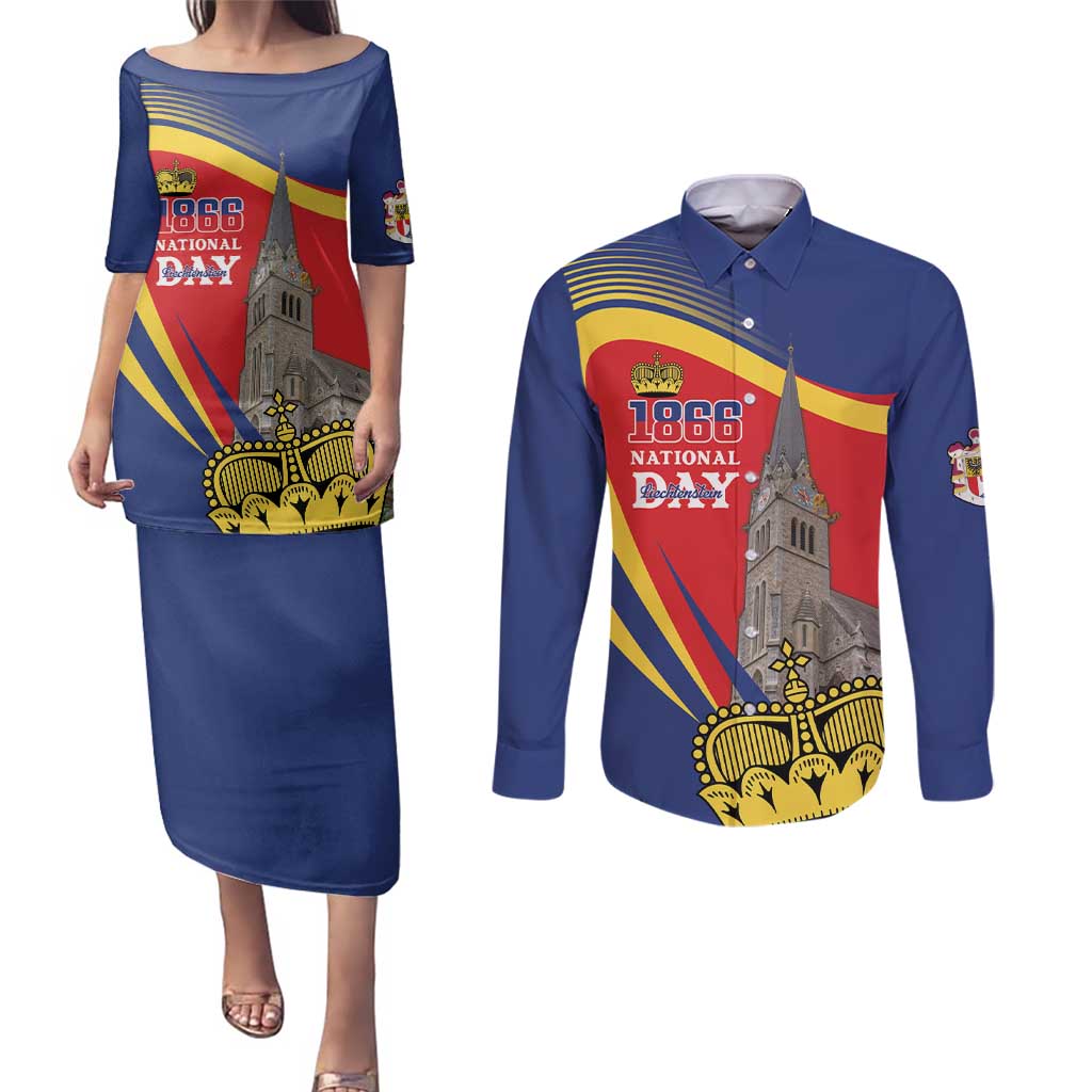 Liechtenstein National Day 1866 Couples Matching Puletasi and Long Sleeve Button Shirt Gold Crown Vaduz Cathedral