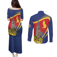Liechtenstein National Day 1866 Couples Matching Puletasi and Long Sleeve Button Shirt Gold Crown Vaduz Cathedral
