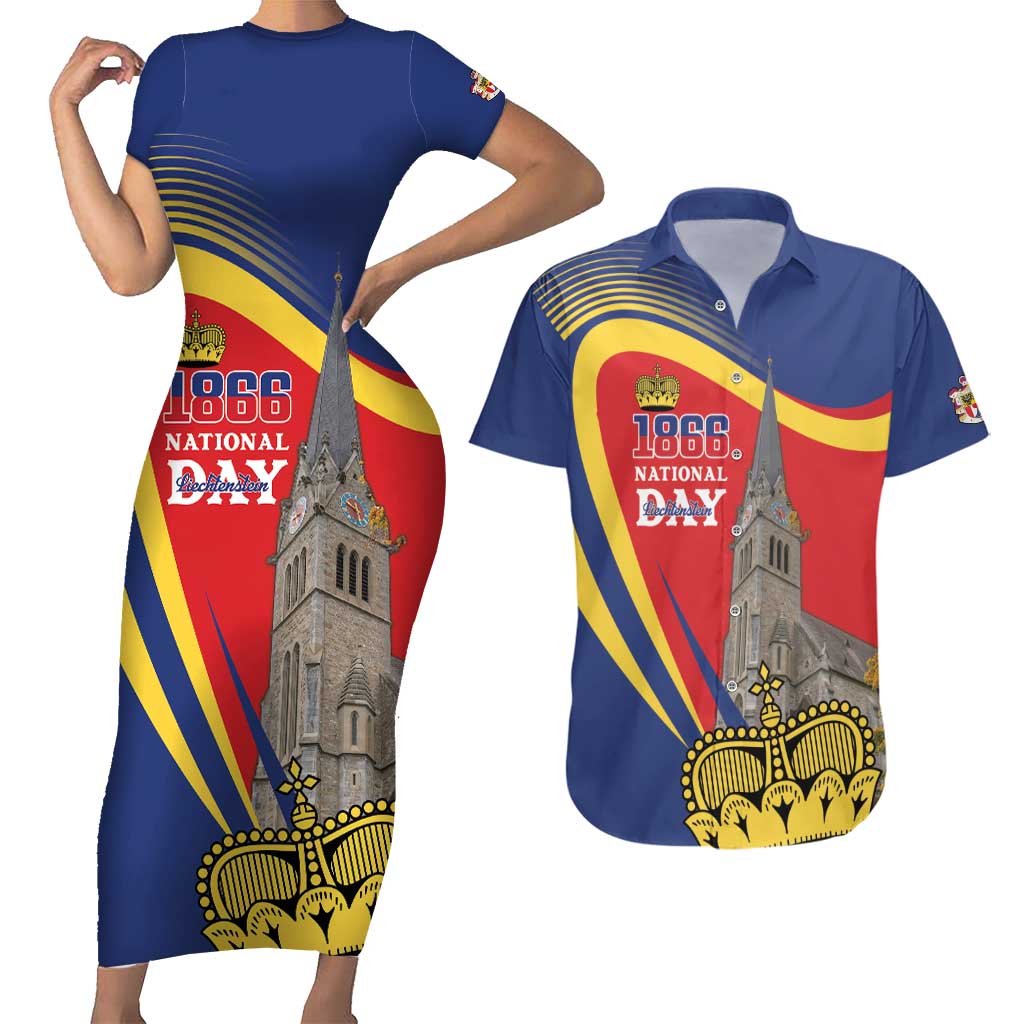 Liechtenstein National Day 1866 Couples Matching Short Sleeve Bodycon Dress and Hawaiian Shirt Gold Crown Vaduz Cathedral