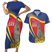 Liechtenstein National Day 1866 Couples Matching Short Sleeve Bodycon Dress and Hawaiian Shirt Gold Crown Vaduz Cathedral
