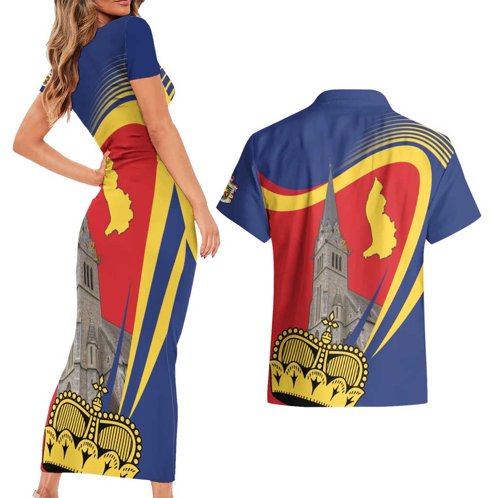 Liechtenstein National Day 1866 Couples Matching Short Sleeve Bodycon Dress and Hawaiian Shirt Gold Crown Vaduz Cathedral