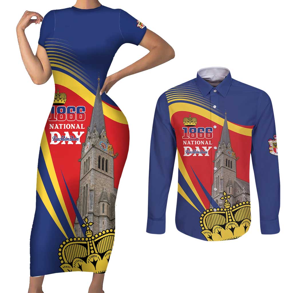 Liechtenstein National Day 1866 Couples Matching Short Sleeve Bodycon Dress and Long Sleeve Button Shirt Gold Crown Vaduz Cathedral