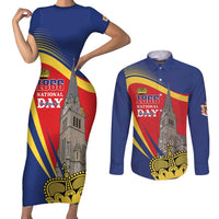Liechtenstein National Day 1866 Couples Matching Short Sleeve Bodycon Dress and Long Sleeve Button Shirt Gold Crown Vaduz Cathedral