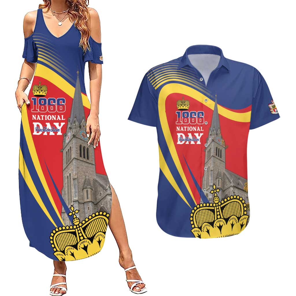 Liechtenstein National Day 1866 Couples Matching Summer Maxi Dress and Hawaiian Shirt Gold Crown Vaduz Cathedral