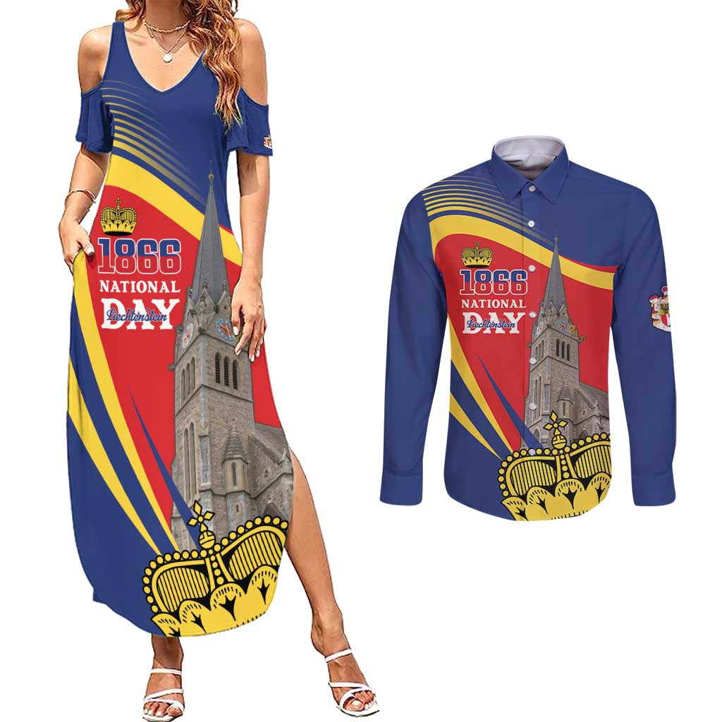 Liechtenstein National Day 1866 Couples Matching Summer Maxi Dress and Long Sleeve Button Shirt Gold Crown Vaduz Cathedral