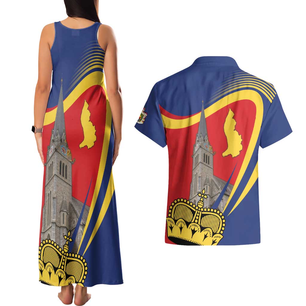 Liechtenstein National Day 1866 Couples Matching Tank Maxi Dress and Hawaiian Shirt Gold Crown Vaduz Cathedral