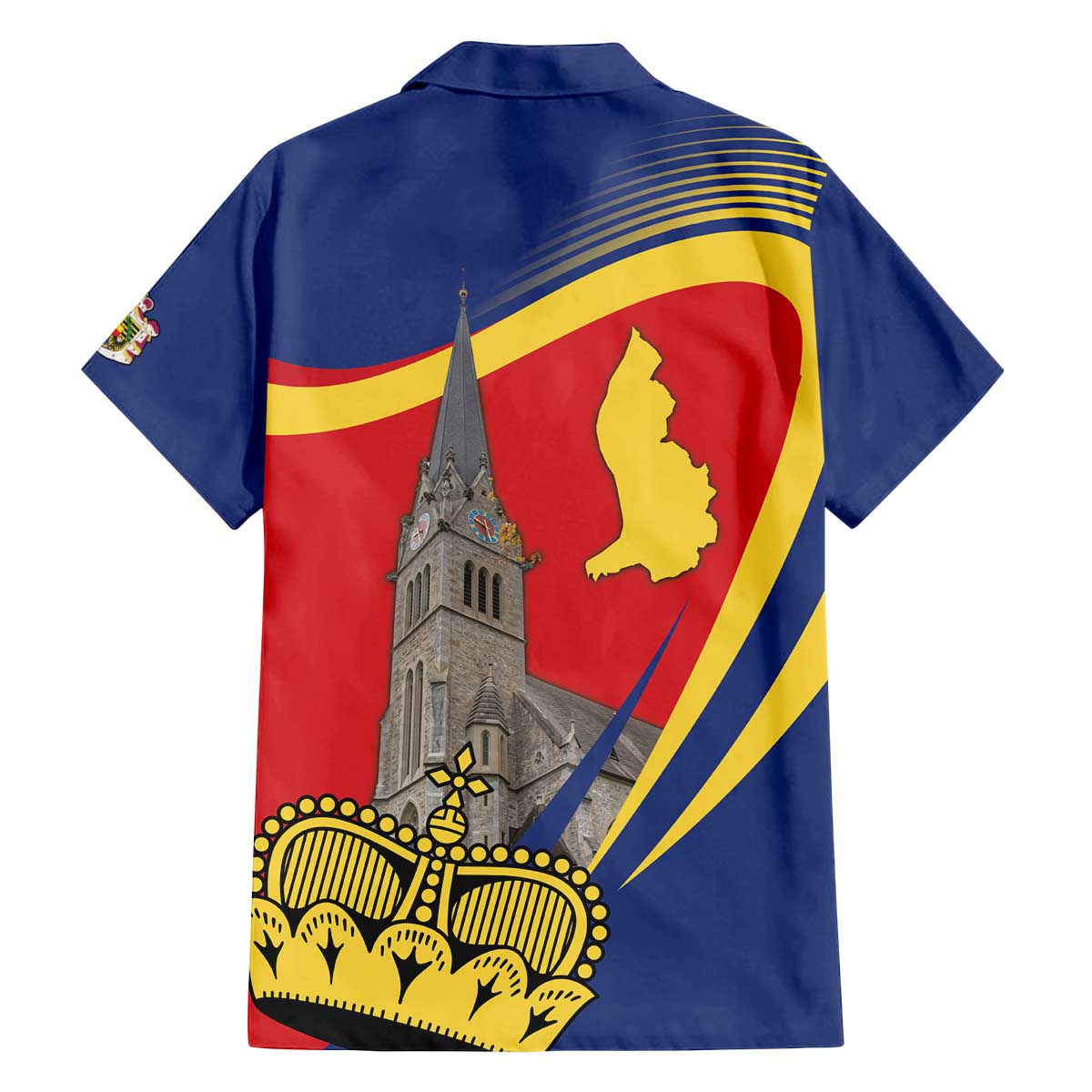 Liechtenstein National Day 1866 Family Matching Off The Shoulder Long Sleeve Dress and Hawaiian Shirt Gold Crown Vaduz Cathedral