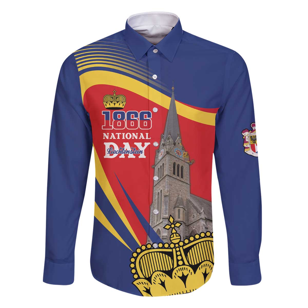 Liechtenstein National Day 1866 Family Matching Off The Shoulder Long Sleeve Dress and Hawaiian Shirt Gold Crown Vaduz Cathedral