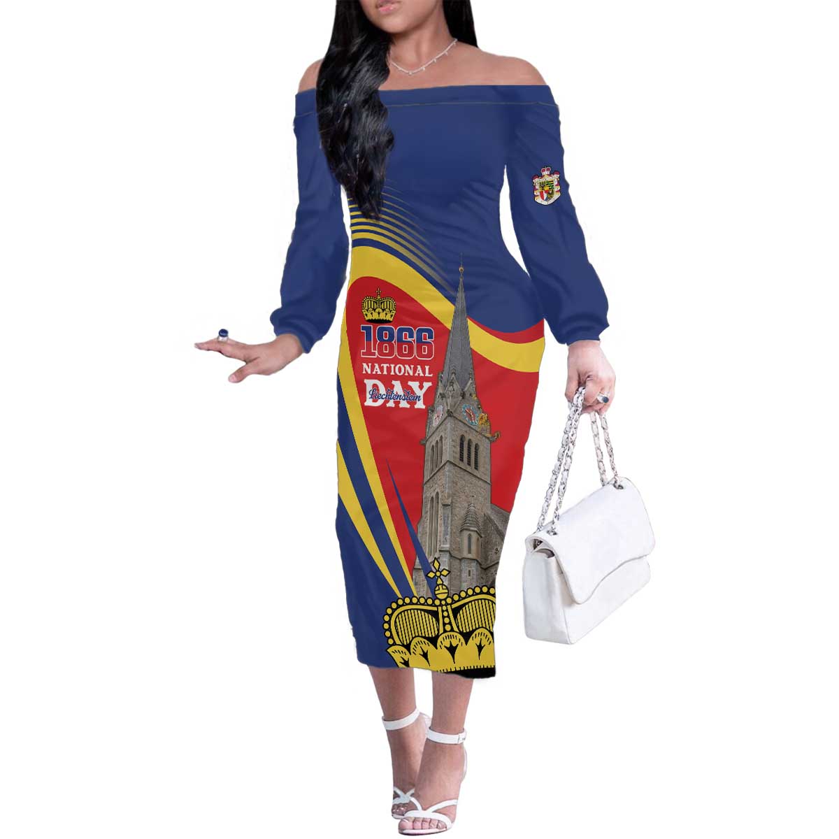 Liechtenstein National Day 1866 Family Matching Off The Shoulder Long Sleeve Dress and Hawaiian Shirt Gold Crown Vaduz Cathedral