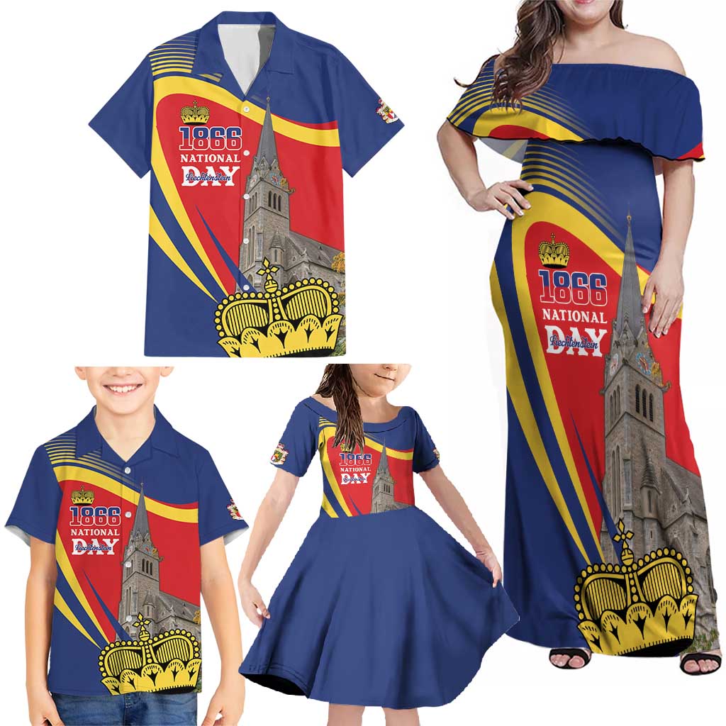 Liechtenstein National Day 1866 Family Matching Off Shoulder Maxi Dress and Hawaiian Shirt Gold Crown Vaduz Cathedral