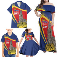 Liechtenstein National Day 1866 Family Matching Off Shoulder Maxi Dress and Hawaiian Shirt Gold Crown Vaduz Cathedral