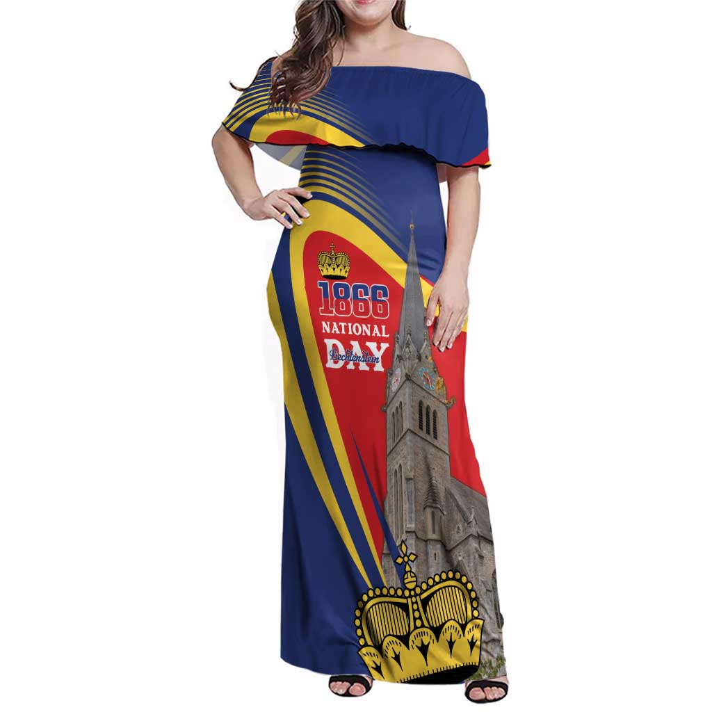 Liechtenstein National Day 1866 Family Matching Off Shoulder Maxi Dress and Hawaiian Shirt Gold Crown Vaduz Cathedral