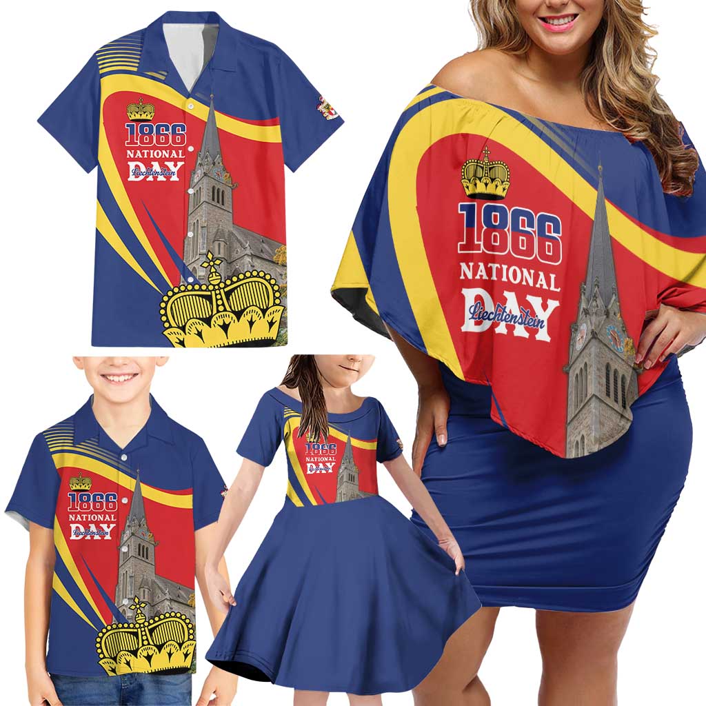 Liechtenstein National Day 1866 Family Matching Off Shoulder Short Dress and Hawaiian Shirt Gold Crown Vaduz Cathedral