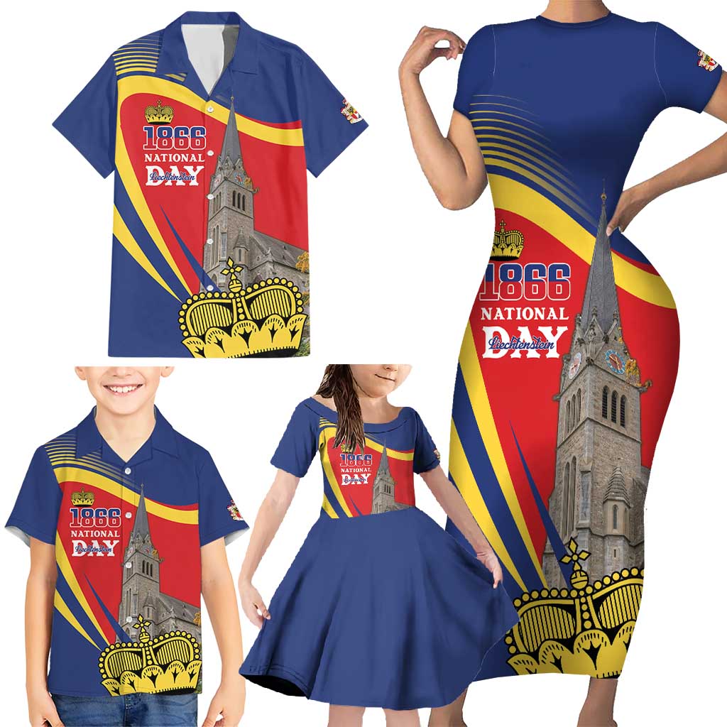 Liechtenstein National Day 1866 Family Matching Short Sleeve Bodycon Dress and Hawaiian Shirt Gold Crown Vaduz Cathedral