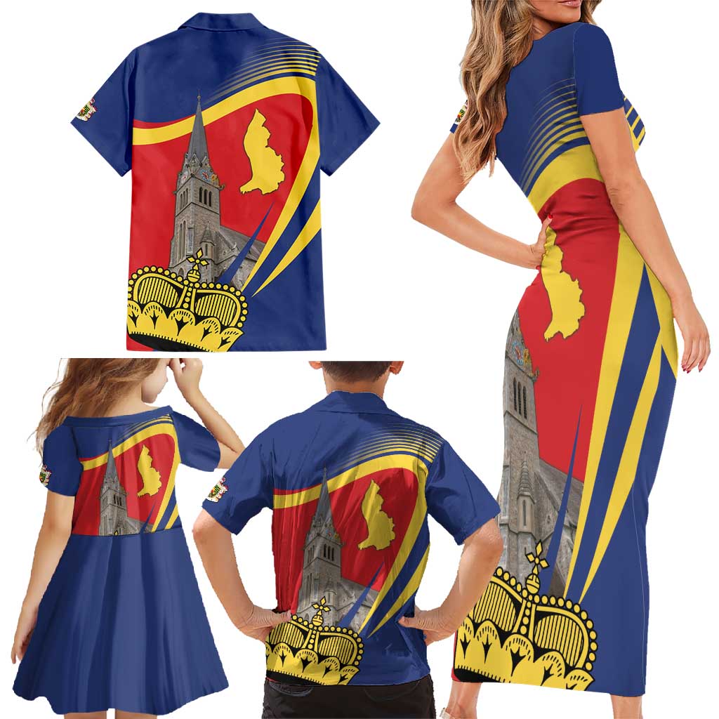 Liechtenstein National Day 1866 Family Matching Short Sleeve Bodycon Dress and Hawaiian Shirt Gold Crown Vaduz Cathedral