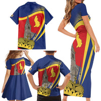 Liechtenstein National Day 1866 Family Matching Short Sleeve Bodycon Dress and Hawaiian Shirt Gold Crown Vaduz Cathedral