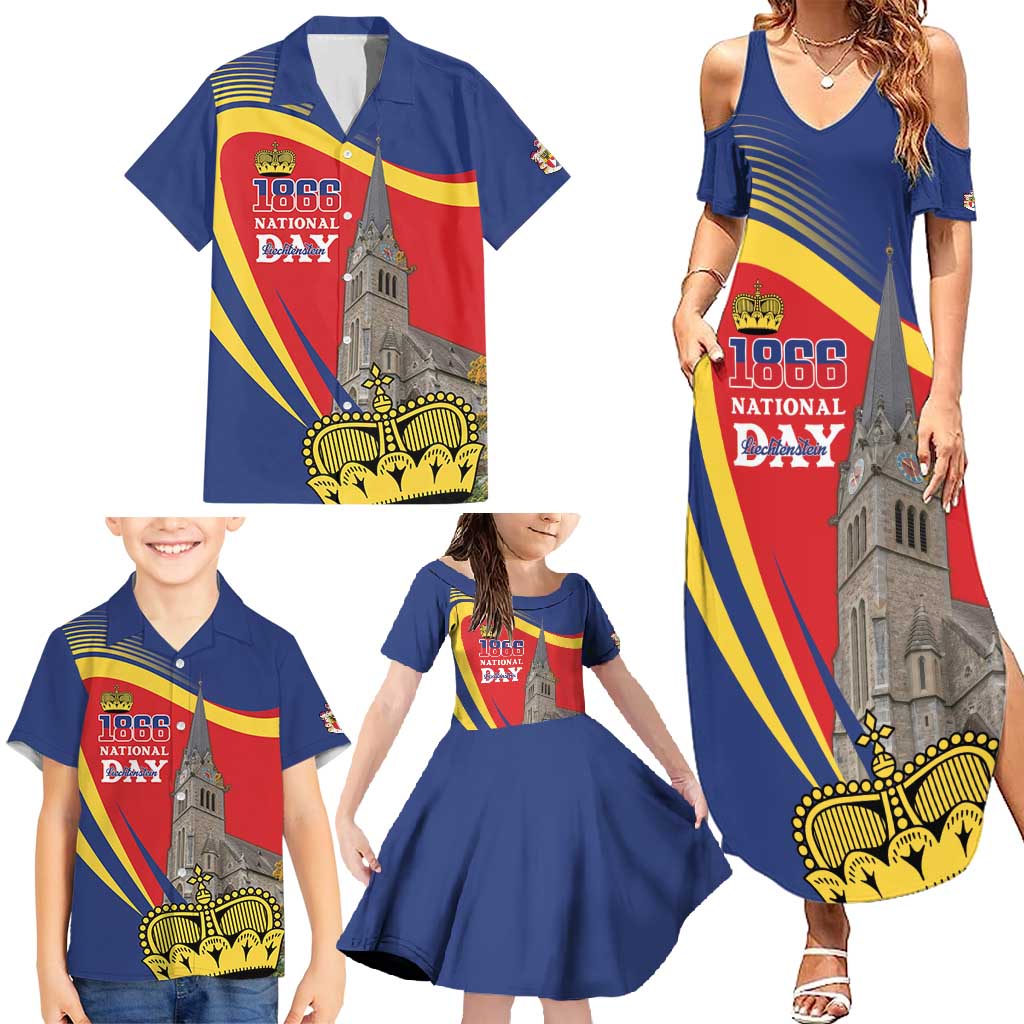 Liechtenstein National Day 1866 Family Matching Summer Maxi Dress and Hawaiian Shirt Gold Crown Vaduz Cathedral