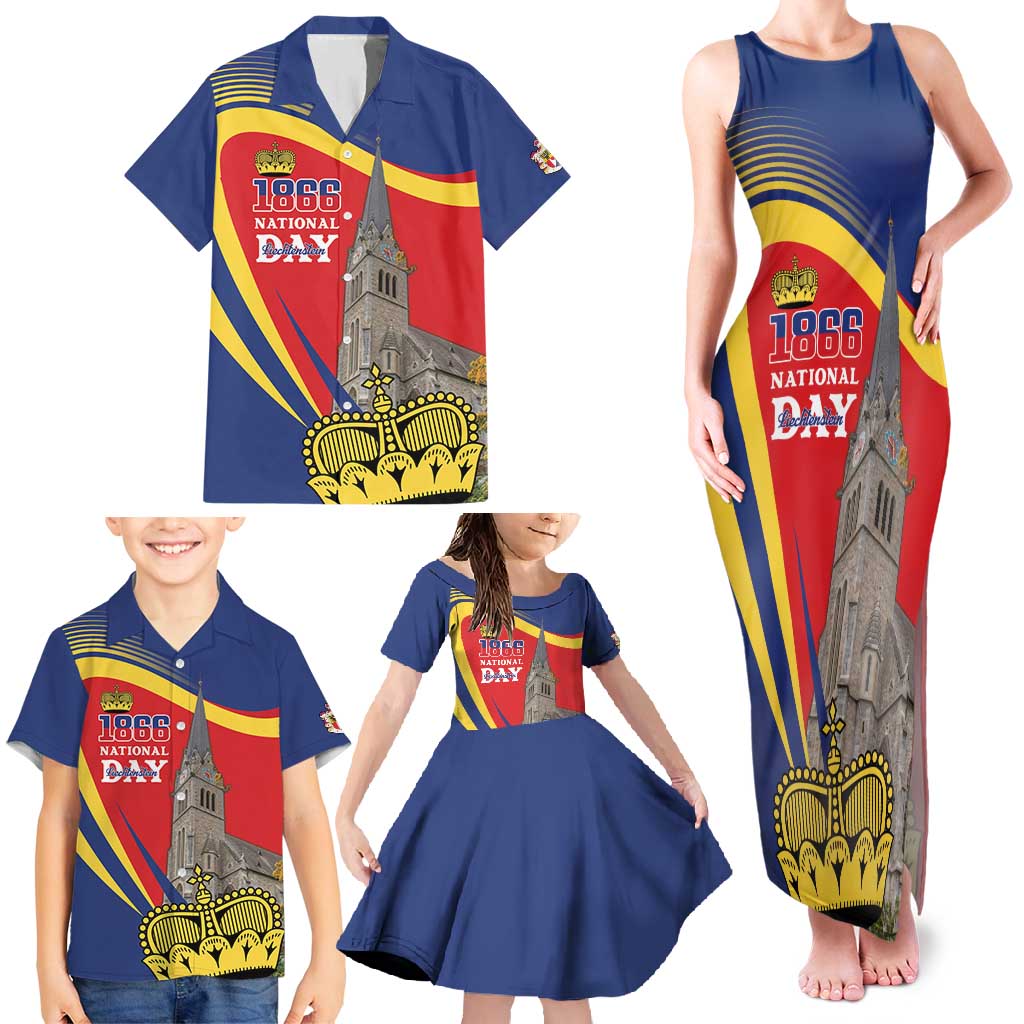 Liechtenstein National Day 1866 Family Matching Tank Maxi Dress and Hawaiian Shirt Gold Crown Vaduz Cathedral