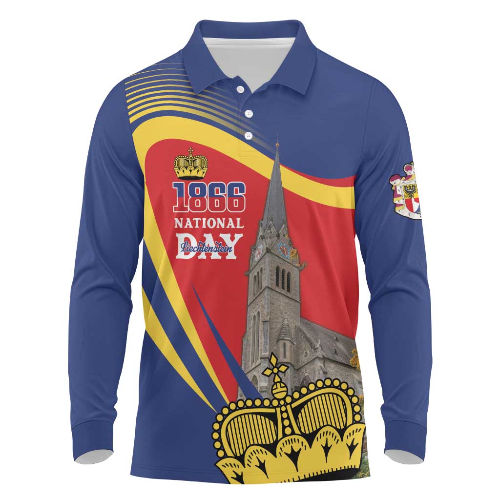 Liechtenstein National Day 1866 Long Sleeve Polo Shirt Gold Crown Vaduz Cathedral