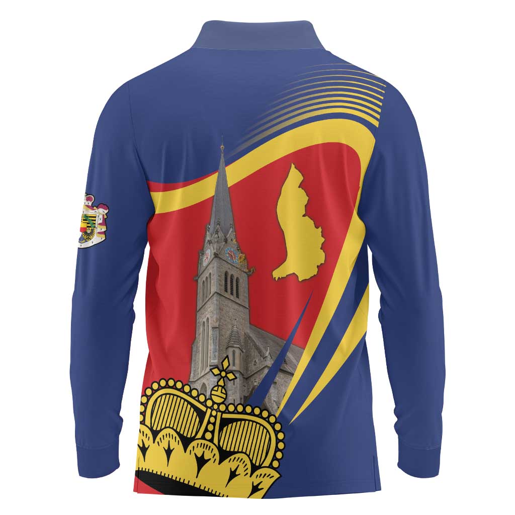 Liechtenstein National Day 1866 Long Sleeve Polo Shirt Gold Crown Vaduz Cathedral