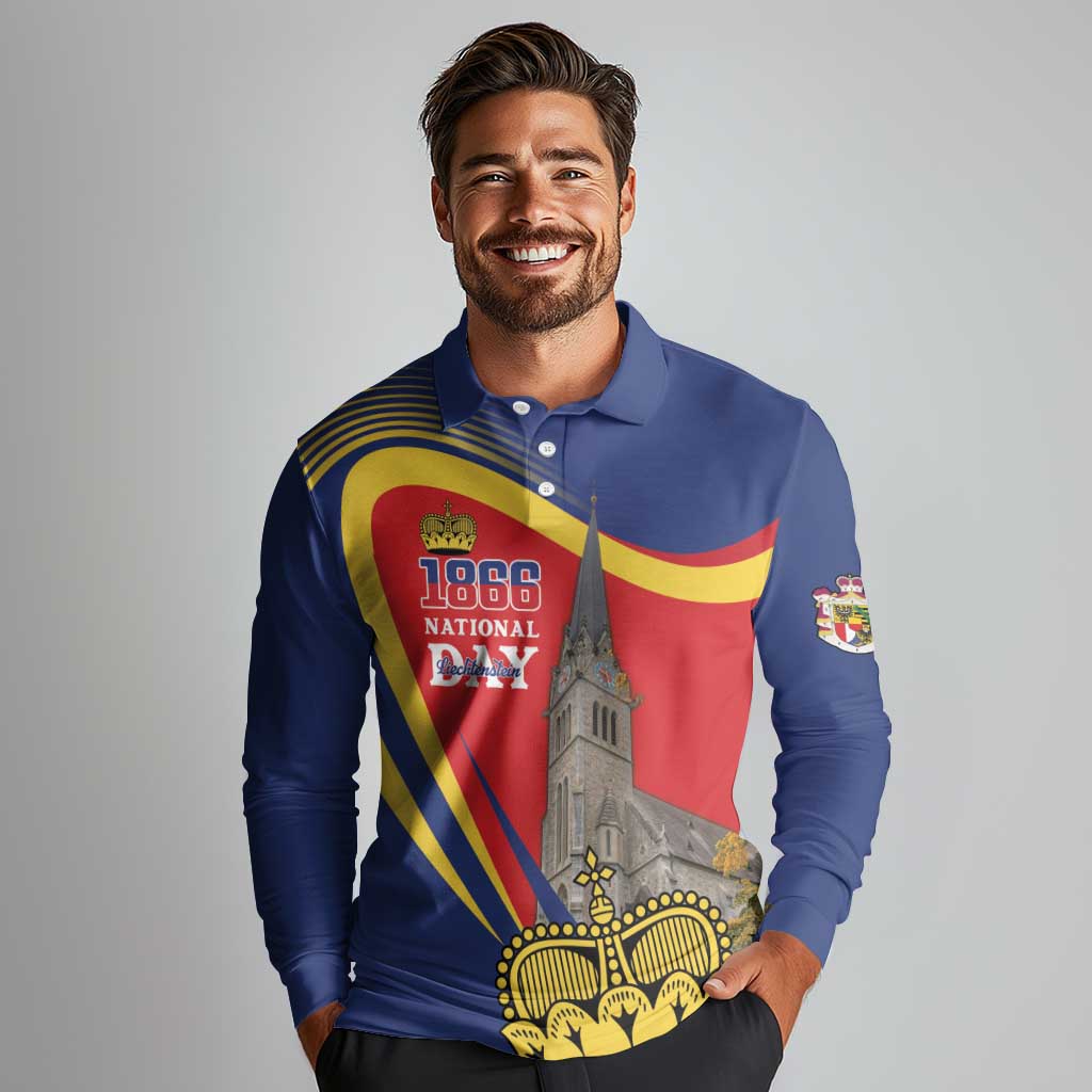 Liechtenstein National Day 1866 Long Sleeve Polo Shirt Gold Crown Vaduz Cathedral