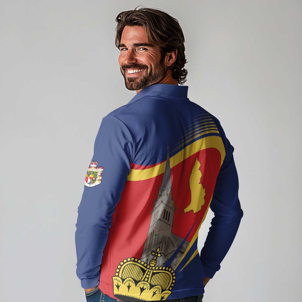 Liechtenstein National Day 1866 Long Sleeve Polo Shirt Gold Crown Vaduz Cathedral